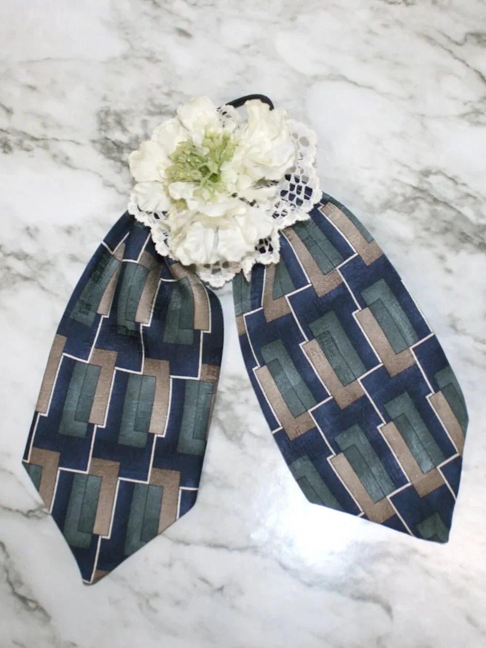 HAND CRAFTED Hair Scrunchy Bow Floral Upcycled Men's Silk Necktie Teal Blue